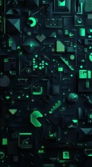 Abstract digital geometric surface glows with neon green lights, a 3D pattern for future tech background