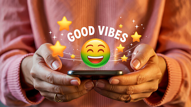Hands Holding Smartphone with Floating Happy Emoji and Golden Stars, Warm Glow and Blurred Background
