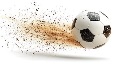Soccer ball propelled through a burst of brown dirt.