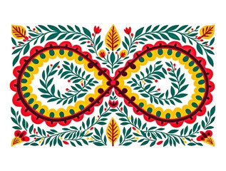 Colorful folk art infinity symbol with floral ornament, traditional ethnic pattern, perfect for eco birth concepts, wedding invitations, posters, and background design.