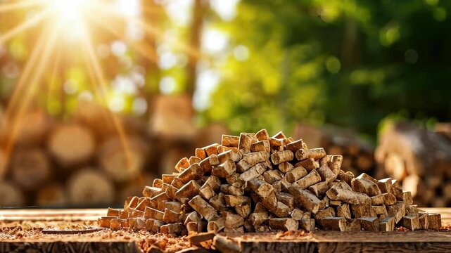 A stack of biomass wood pellets forms a neat pile, with a background of a woodpile, Ai Generated.