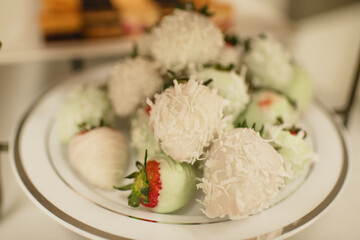 White chocolate strawberries coated in shredded coconut on plate at event or party, catering concept 