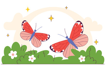  vector illustration featuring two delicate butterflies gracefully flying over a field of small, soft wildflowers.