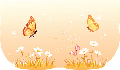 Naklejka premium vector illustration featuring two delicate butterflies gracefully flying over a field of small, soft wildflowers.