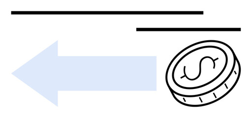 Blue arrow pointing left accompanied by a coin with a dollar sign, representing payment, refund, or transfer process. Ideal for money transfer, finance guide, business concept, savings, transaction