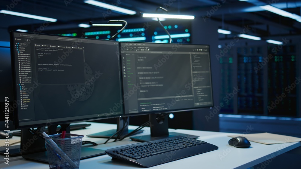 Poster computers in server room used to ensure optimal performance and reliability, managing rackmounts rig