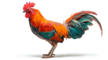 Fototapeta premium Vibrant rooster isolated on white background, showcasing colorful plumage detail.