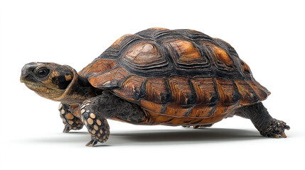 Fototapeta premium A tortoise slowly makes its way across a plain white background studio shot
