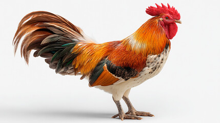 Fototapeta premium Colorful rooster with red comb and orange, brown, and black feathers.