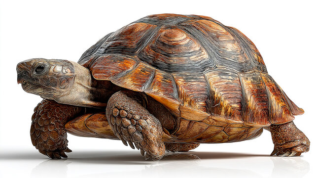 Side view of a brown tortoise with detailed shell, walking on a white floor.