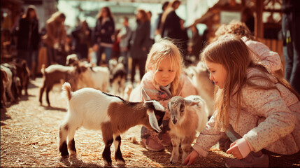 Children interacting with baby goats in a petting zoo on a sunny day.