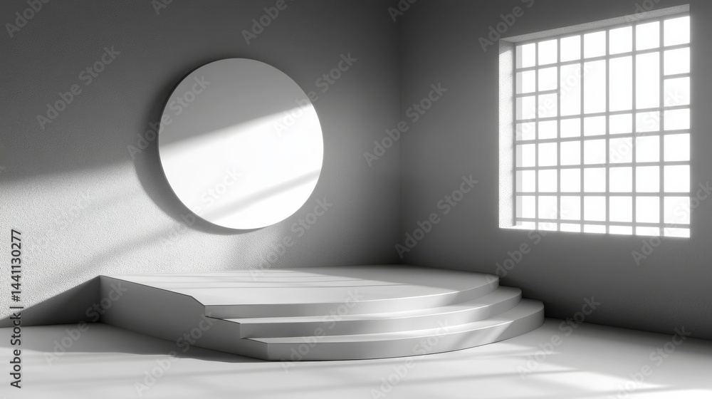 Poster in a light gray 3d studio with a minimalist setup, a white cylindrical podium stands on a round base