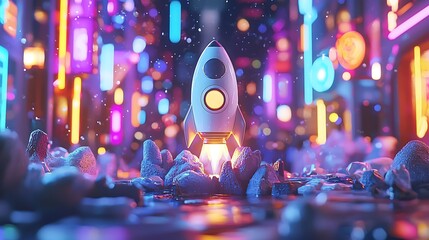 Neon City Launch: A Futuristic Rocket Takes Off Amidst Vibrant Lights