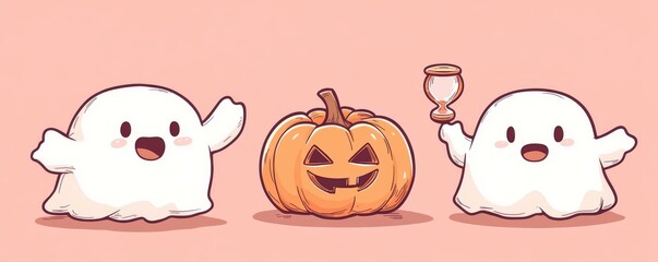 A kawaii-style illustration of Halloween symbols, including a spooky white mascot smiling and holding a knife, is set against a pink background with ghosts, pumpkins, and a Jack Lantern decoration