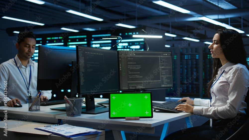 Poster data center developer responsible for installation of networking equipment solving tasks on green sc