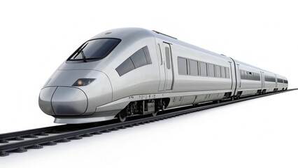 Naklejka premium Side view of a futuristic high-speed train on rails, emphasizing its aerodynamic design and smooth lines, ideal for illustrating efficient and rapid transit systems. 