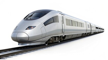 Naklejka premium A sleek silver bullet train is shown in profile on railway tracks, against a clean white background, symbolizing speed, modern transportation, and technological advancement. 