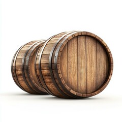 Fototapeta premium Classic wooden barrels shine against a clean white backdrop, showcasing their rustic charm and timeless appeal.