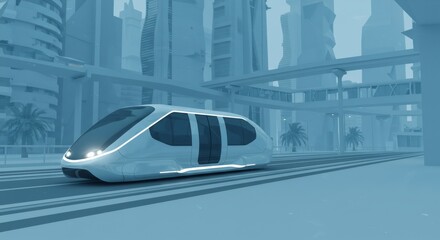 Fototapeta premium Futuristic monorail in sleek urban environment. Autonomous public transportation concept. Sustainable city mobility solution with high-speed electric train amid towering skyscrapers.