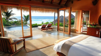 Fototapeta premium Luxury suite interior with ocean views, plush bedding, and elegant dcor