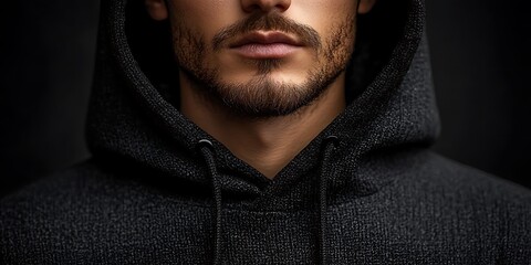 Close-Up of Man with Well-Groomed Beard in Dark Hoodie, Set Against Black Background with Serious and Contemplative Expression for Lifestyle and Fashion Branding Showcase

