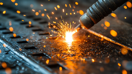 Close-up of a welding torch creating sparks on metal