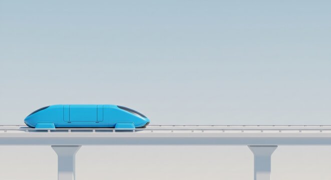 Futuristic blue hyperloop pod on elevated track. Concept of high-speed transportation system. Innovative mass transit technology for eco-friendly travel in urban environment.