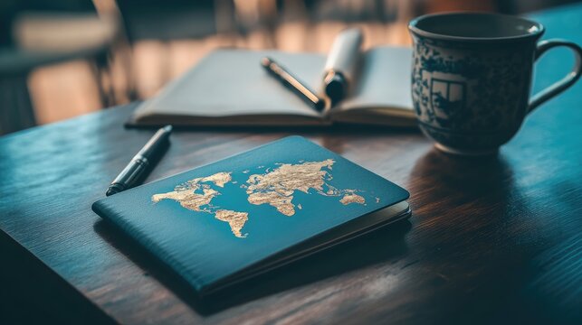 Modern passport cover with a world map design placed on a minimalist desk