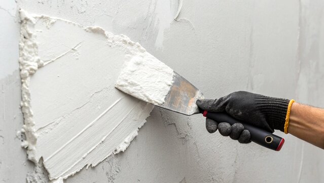 Close-up view of a person's hand using a trowel to apply white paste or filler onto a textured grey surface, emphasizing the process of repair or preparation for painting.
