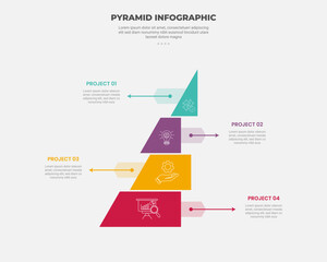 pyramid or triangle shape infographic outline style with 4 point template with half pyramid with slice and unbalance position with arrow opposite direction for slide presentation