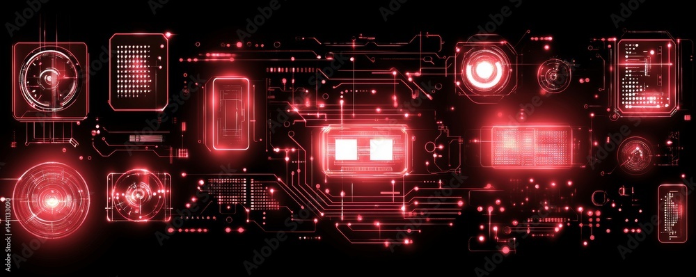 Poster futuristic tech interfaces often feature cyberpunk hud frames with a red neon glow, which are comple