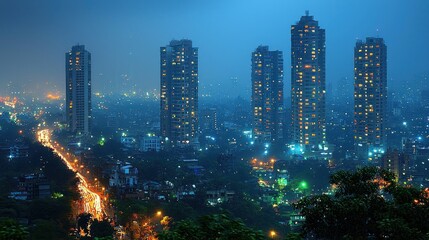 Night Cityscape View with Illuminated Buildings and Traffic in Urban Area