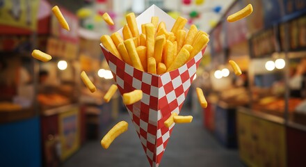 French fries served in a red and white checkered paper cone at a street food market, lively atmosphere