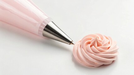 Close-up of a decorating bag applying a delicate rose pattern of pink icing, highlighting precision and the art of cake decorating.
