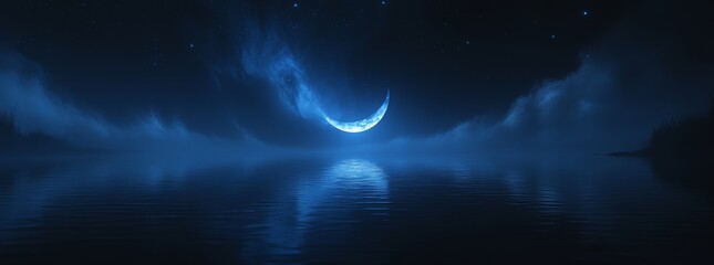 Fototapeta premium A serene moonlit night sky background complements the dreamy atmosphere of an illustration showcasing a mystical midnight landscape, complete with a glowing full moon reflection, hazy fog, and blue
