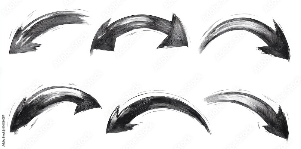 Poster a set of handdrawn crayon arrows featuring curved, straight, and twisted shapes in different thickne