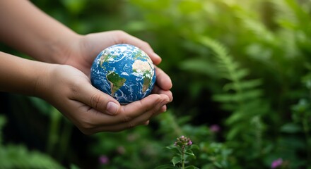 Hands holding the Earth model with green plants in background, sustainability concept