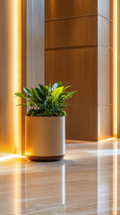  Elegant hotel lobby corner with modern lighting and lush potted plant for mockup presentations.