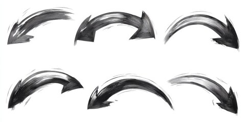 Fototapeta premium A set of handdrawn crayon arrows featuring curved, straight, and twisted shapes in different thickness and direction can be used as freehand pointers, map indicators, and grunge navigation symbols in