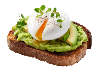 Avocado toast with poached egg and herbs isolated on transparent background