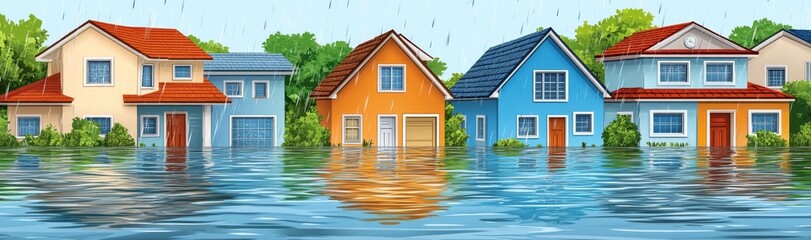 A severe flood has inundated a residential area, triggered by heavy rain that led to a natural disaster, with water overflowing properties and submerging the vibrant houses, all set against the