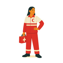 Flat style female emergency medical responder holding first aid kit – vector illustration for rescue, healthcare, and emergency assistance