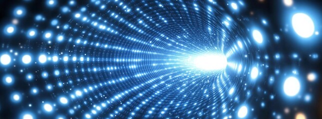 Obraz premium Vivid glowing blue dotted pattern on an LED screen serves as a stage background, accompanied by a bright shining digital display wall that forms an abstract technology backdrop with a futuristic