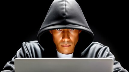A hooded figure represents the dark side of cyberspace, tapping into the depths of the darknet for illicit activities.