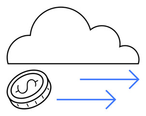 Coin with dollar sign below a cloud and two blue arrows indicating movement. Ideal for finance, cloud computing, digital payments, e-commerce, online transactions, fintech, simple landing page