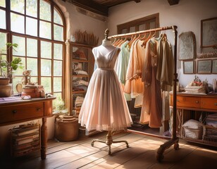 Vintage-Kleider auf antikem Kleiderständer im Retro-Atelier
