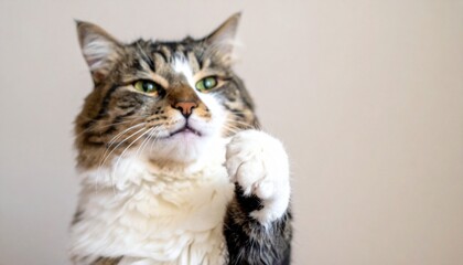 A funny, cheerful and happy cat giving a thumbs up with a big smile, selective focus on the raised paw gesture, showcasing positivity, humor, and adorable feline expression in perfect detail; portrait