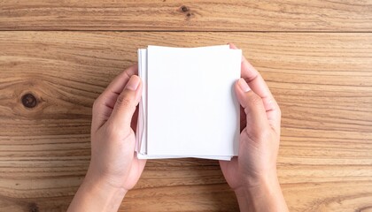 Obraz premium Top angle view of two hands gently holding a stack of white blank note cards placed on a rustic wooden table surface, perfect for study, planning, organization, mock up or creative projects; mockup