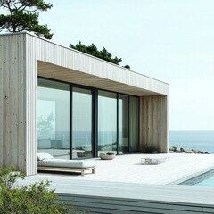 Modern Coastal Home Exterior with Wood Deck and Ocean View