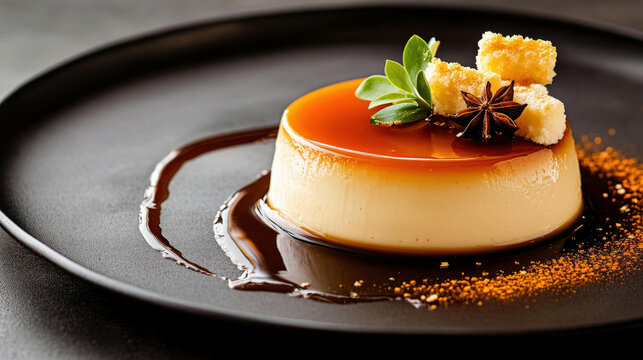  Delicious caramel pudding dessert with star anise and herbs, Portuguese pudim abade de priscos on black plate
